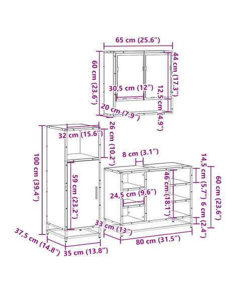 Set Mobili da Bagno 3 pz Rovere Fumo in Legno Multistrato
