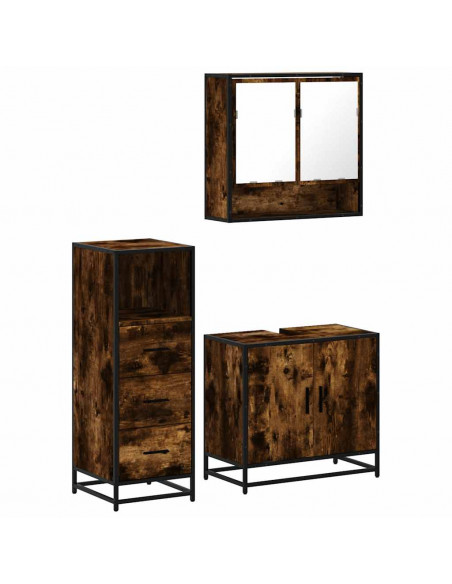 Set Mobili da Bagno 3 pz Rovere Fumo in Legno Multistrato