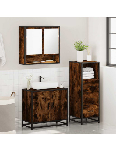 Set Mobili da Bagno 3 pz Rovere Fumo in Legno Multistrato