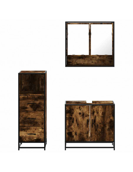 Set Mobili da Bagno 3 pz Rovere Fumo in Legno Multistrato
