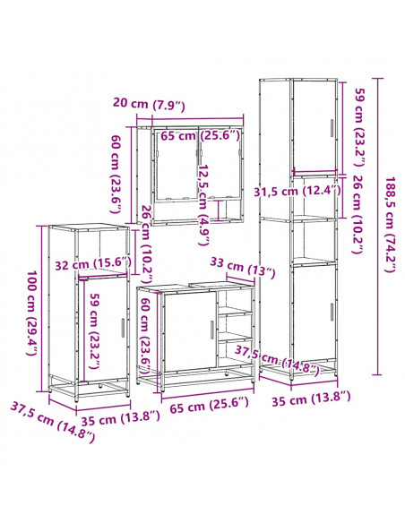 Set Mobili da Bagno 4 pz Grigio Sonoma in Legno Multistrato