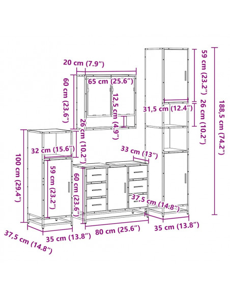 Set Mobili da Bagno 4 pz Grigio Sonoma in Legno Multistrato