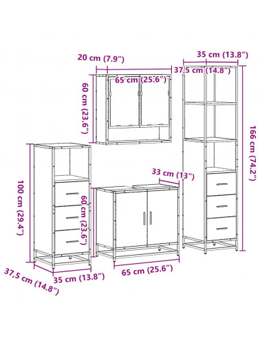 Set Mobili da Bagno 4 pz Grigio Sonoma in Legno Multistrato
