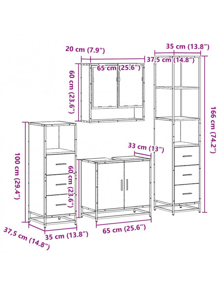 Set Mobili da Bagno 4 pz Grigio Sonoma in Legno Multistrato