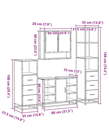 Set Mobili da Bagno 4 pz Grigio Sonoma in Legno Multistrato