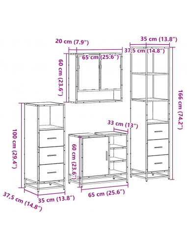 Set Mobili da Bagno 4 pz Grigio Sonoma in Legno Multistrato