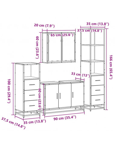 Set Mobili da Bagno 4 pz Grigio Sonoma in Legno Multistrato