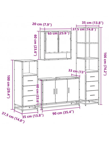 Set Mobili da Bagno 4 pz Grigio Sonoma in Legno Multistrato