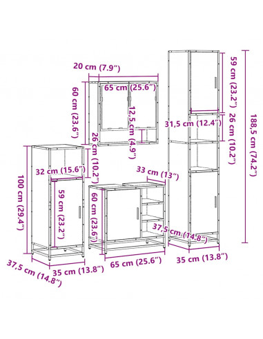 Set Mobili da Bagno 4 pz Rovere Fumo in Legno Multistrato