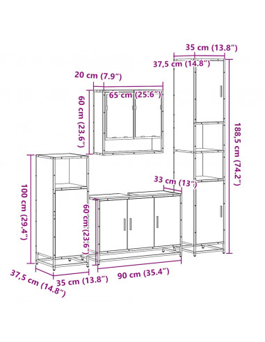 Set Mobili da Bagno 4 pz Rovere Fumo in Legno Multistrato
