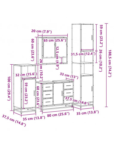 Set Mobili da Bagno 4 pz Rovere Fumo in Legno Multistrato