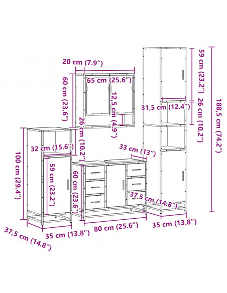 Set Mobili da Bagno 4 pz Rovere Fumo in Legno Multistrato