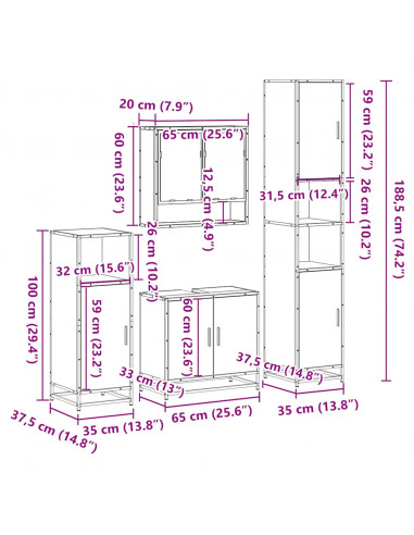 Set Mobili da Bagno 4 pz Rovere Fumo in Legno Multistrato