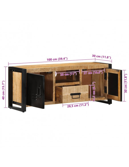 Mobile Porta TV 100x30x40 cm in Legno Massello di Mango Grezzo