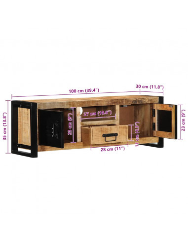 Mobile Porta TV 100x30x35 cm in Legno Massello di Mango Grezzo