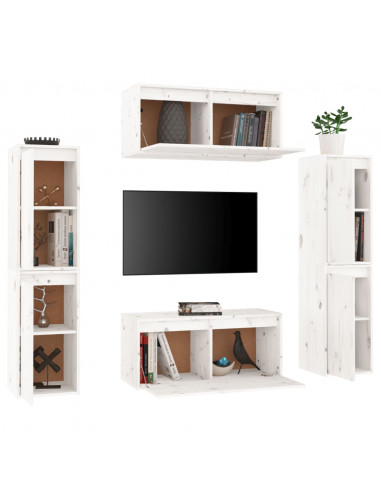 Mobili Porta TV 6 pz Bianchi in Legno Massello di Pino