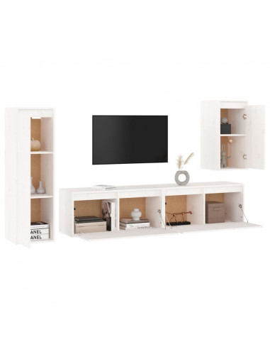 Mobili Porta TV 4 pz Bianchi in Legno Massello di Pino