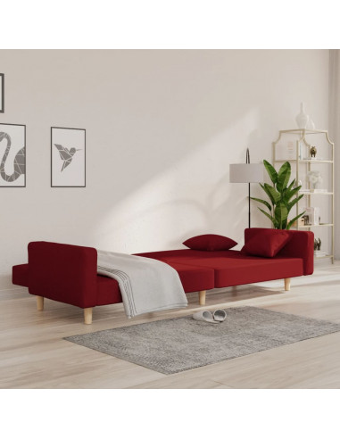 Divano Letto a 2 Posti con 2 Cuscini Rosso Vino in Tessuto