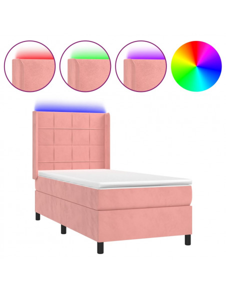 Letto a Molle con Materasso e LED Rosa 90x190 cm in Velluto