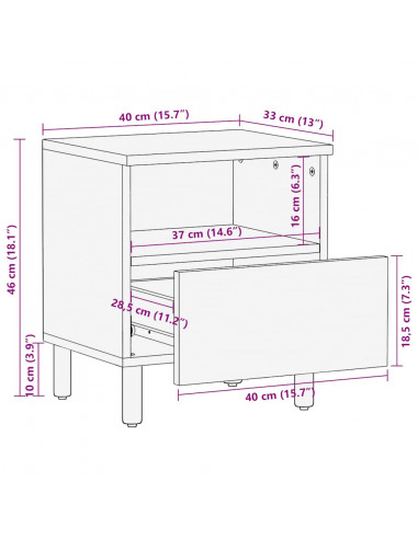 Comodino Marrone 40x33x46 cm in Legno Massello di Mango