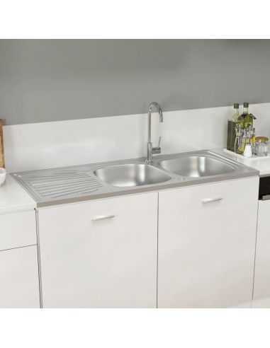 Lavello Cucina Doppia Vasca 1200x500x155mm Argento Acciaio Inox