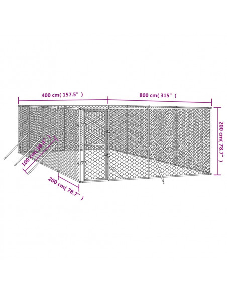 Cuccia per Cani da Esterno Argento 4x8x2 m in Acciaio Zincato