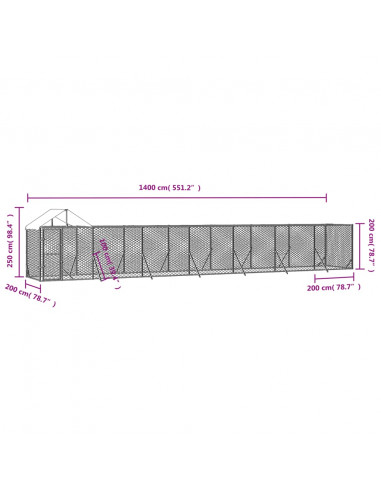 Cuccia Cani da Esterno Tetto Argento 14x2x2,5 m Acciaio Zincato