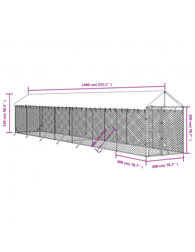 Cuccia Cani da Esterno Tetto Argento 2x14x2,5 m Acciaio Zincato