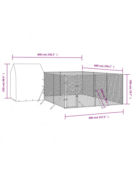 Cuccia Cani da Esterno Tetto Argento 6x6x2,5 m Acciaio Zincato