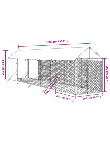 Cuccia Cani da Esterno Tetto Argento 2x10x2,5 m Acciaio Zincato