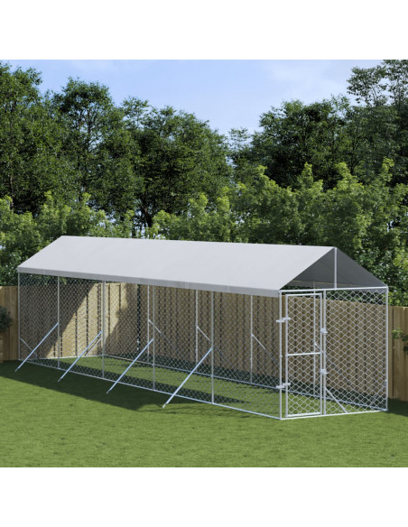 Cuccia Cani da Esterno Tetto Argento 2x10x2,5 m Acciaio Zincato