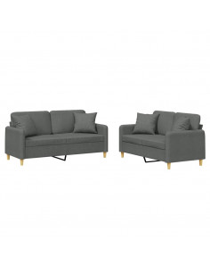 Set di Divani 2 pz con Cuscini Grigio Scuro in Tessuto