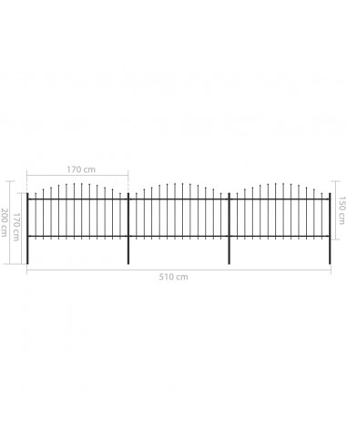 Recinzione Giardino Punta a Lancia (1,25-1,5)x5,1m Acciaio Nera