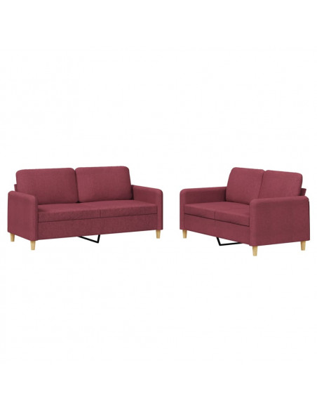 Set di Divani 2 pz con Cuscini Rosso Vino in Tessuto
