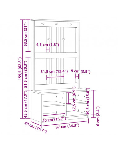 Albero da Ingresso SANDENS 87x40x159,5 cm in Legno di Pino