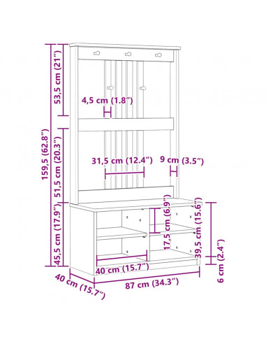 Albero da Ingresso SANDNES Bianco 87x40x159,5 cm Legno di Pino