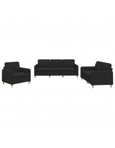 Set di Divani 3 pz con Cuscini Nero in Tessuto
