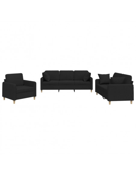 Set Divani 3 pz con Cuscini Nero in Tessuto