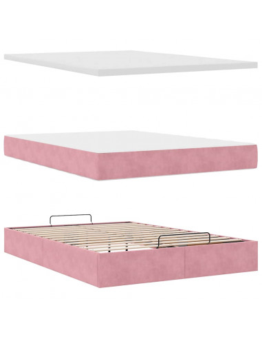 Struttura Letto Pouf con Materasso Rosa 140x190 cm in Velluto