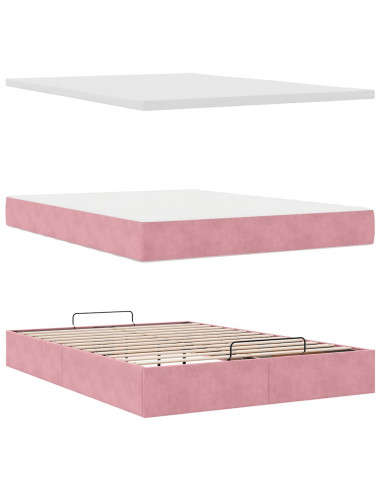 Struttura Letto Pouf con Materasso Rosa 140x200 cm in Velluto