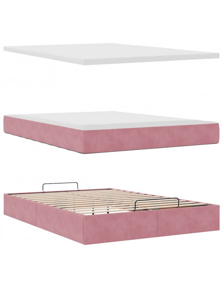 Struttura Letto Pouf con Materasso Rosa 140x200 cm in Velluto