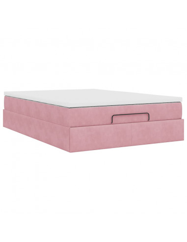 Struttura Letto Pouf con Materasso Rosa 140x200 cm in Velluto