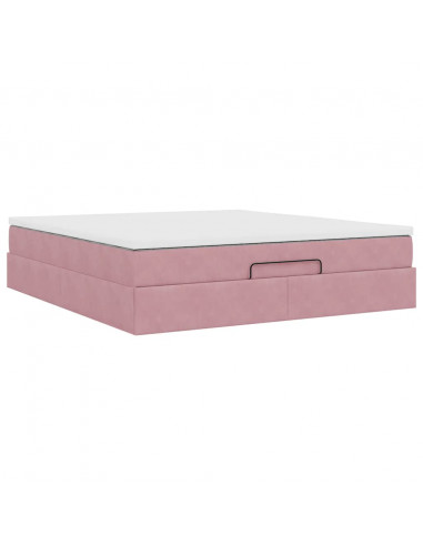 Struttura Letto Pouf con Materasso Rosa 160x200 cm in Velluto