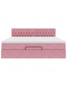 Struttura Letto Pouf con Materasso Rosa 160x200 cm in Velluto