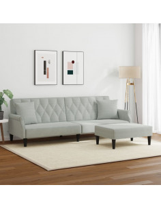 Divano Letto 2Posti Cuscini e Poggiapiedi Grigio Chiaro Velluto 2