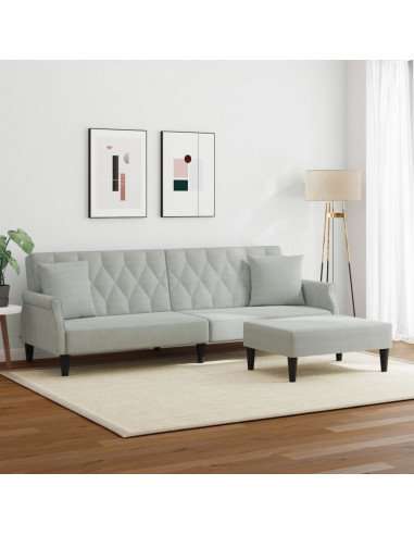 Divano Letto 2Posti Cuscini e Poggiapiedi Grigio Chiaro Velluto