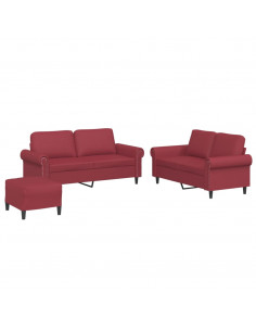 Set di Divani 3 pz con Cuscini Rosso Vino in Similpelle