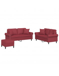 Set di Divani 3 pz con Cuscini Rosso Vino in Similpelle