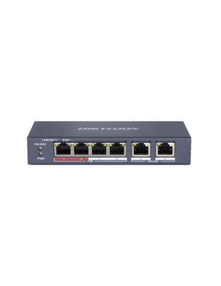 SWITCH HIKVISION L2, Unmanaged, 4 10/100M RJ45 PoE ports, 2 10/100M RJ45 uplink port, 802.3af/at, PoE power budget 35W