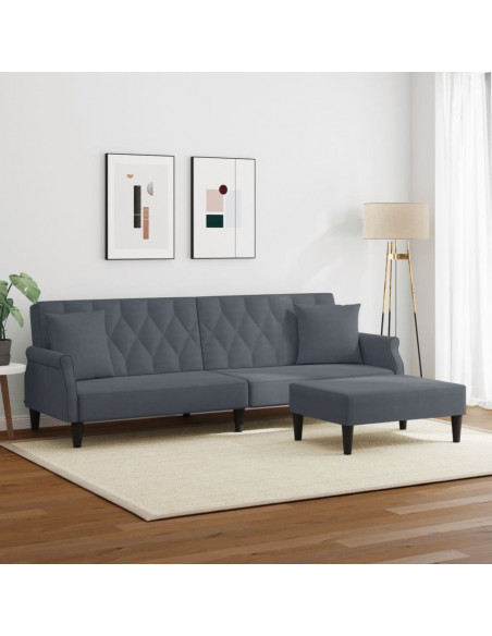 Divano Letto 2Posti Cuscini e Poggiapiedi Grigio Scuro Velluto